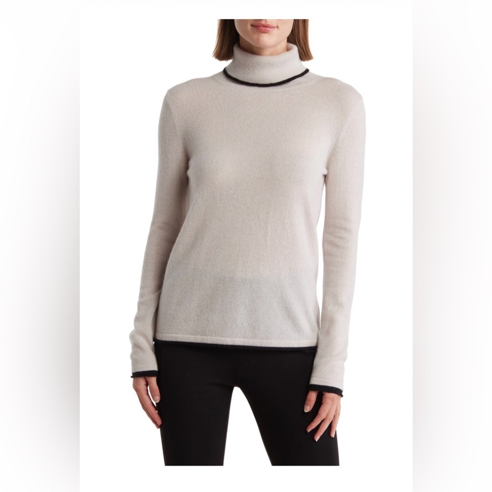 Magaschoni Tipped Cream Cashmere Turtleneck Sweater NWT Sz M